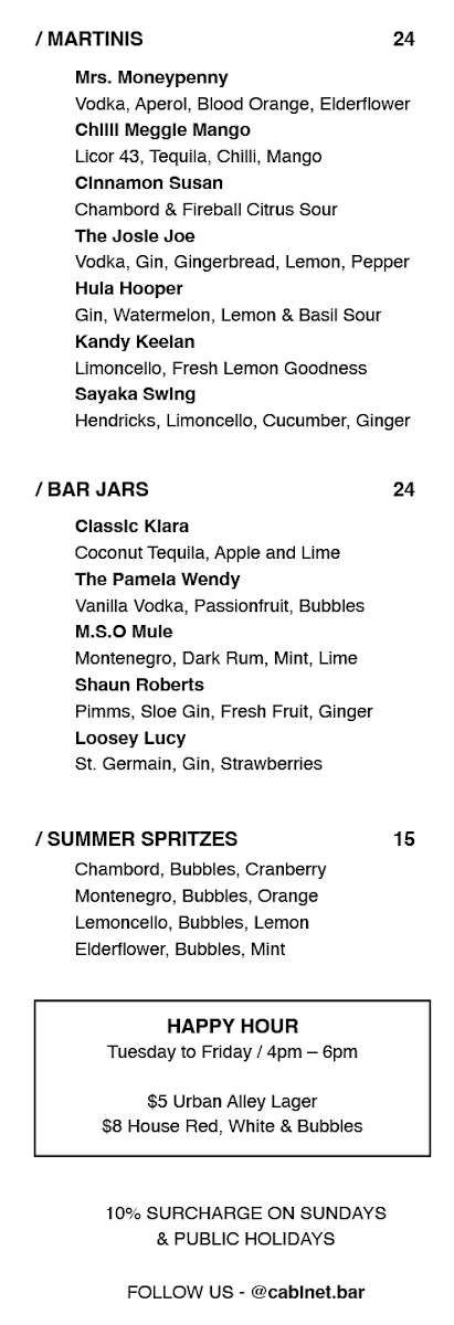 Menu, Cabinet Bar & Balcony