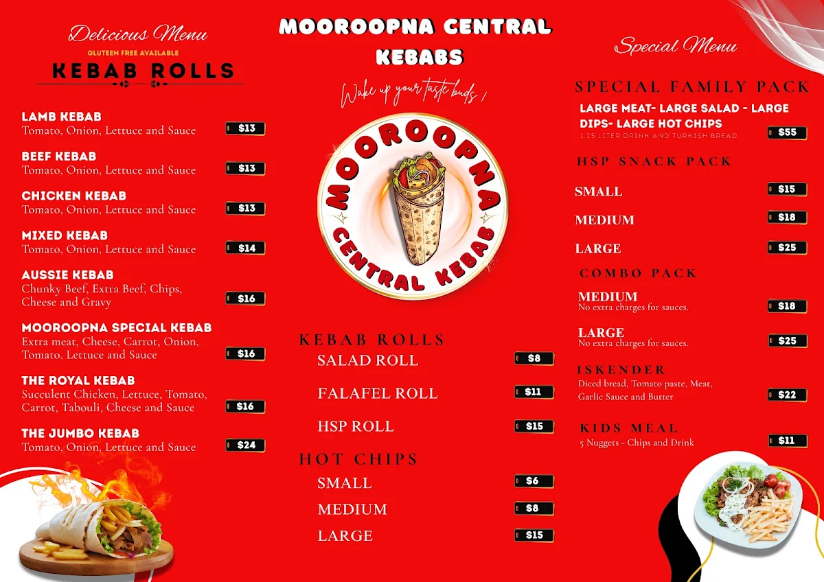 Menu, Mooroopna Central Kebabs