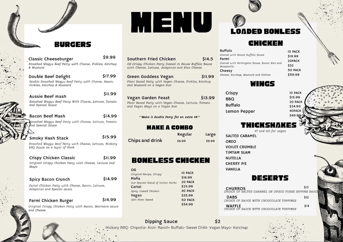 Menu, Chick N bun Burgers and catering