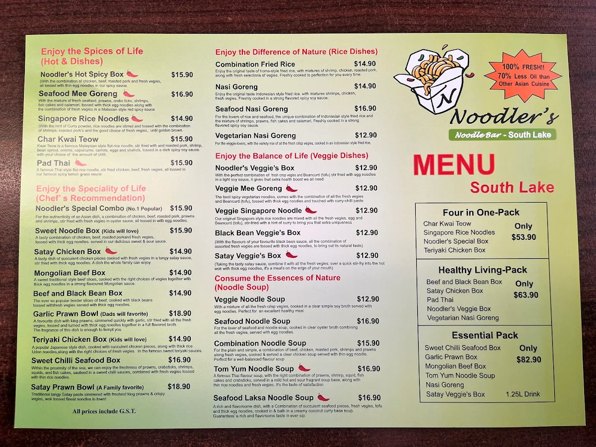 Menu, Noodlers Noodle Bar