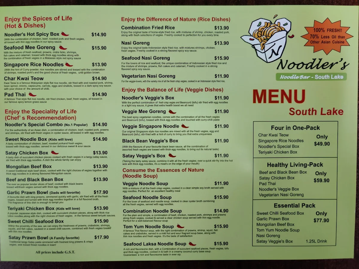 Menu, Noodlers Noodle Bar