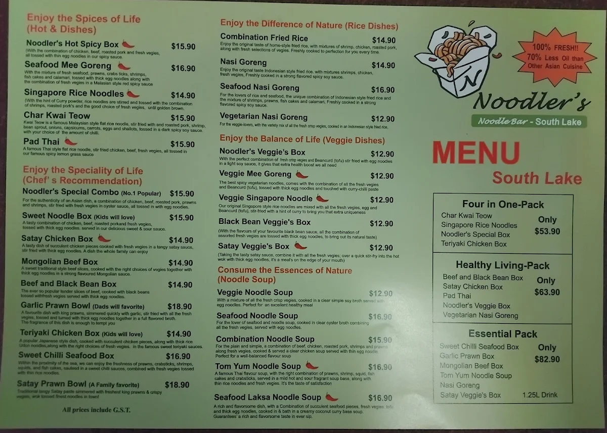 Menu, Noodlers Noodle Bar