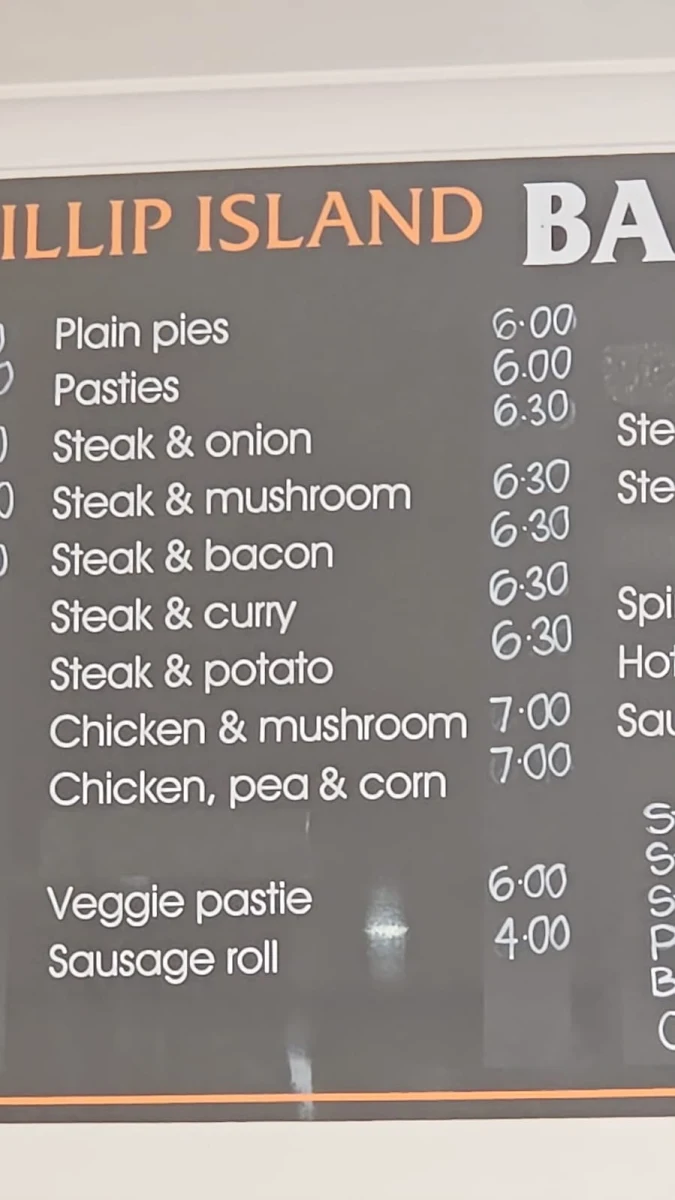 Menu, Phillip Island Bakery