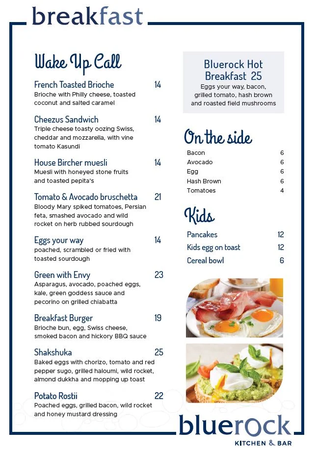 Menu, Bluerock Kitchen & Bar