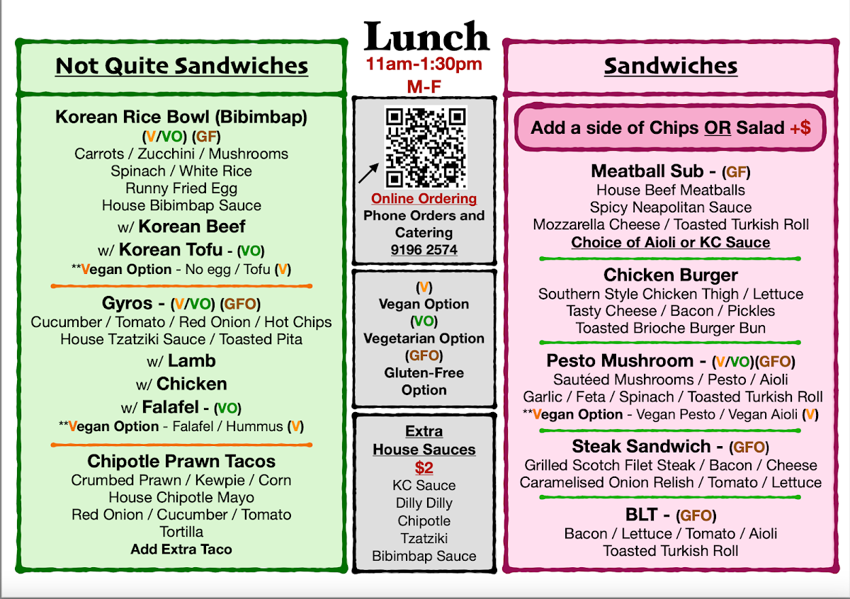 Menu, Kimberley Cafe