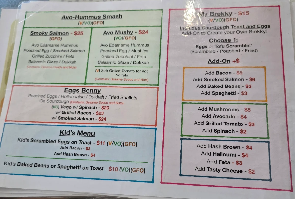 Menu, Kimberley Cafe