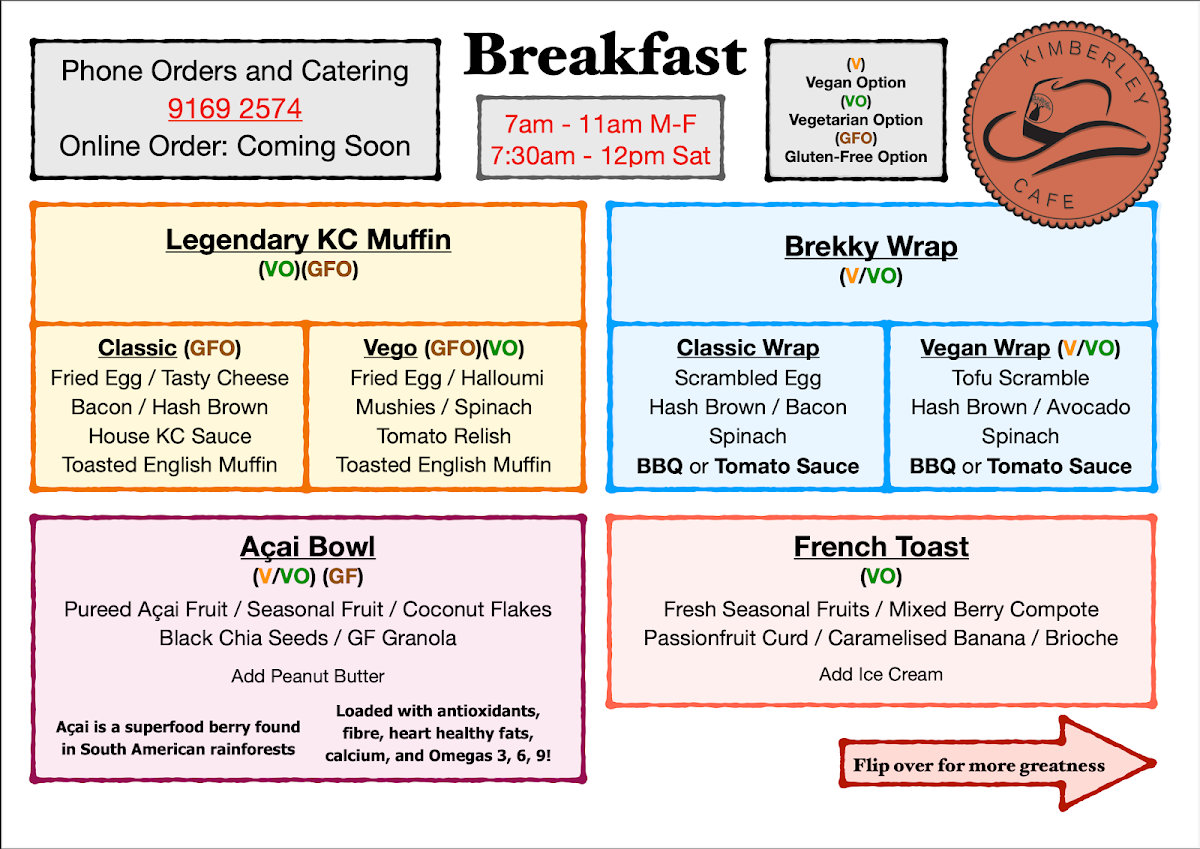 Menu, Kimberley Cafe