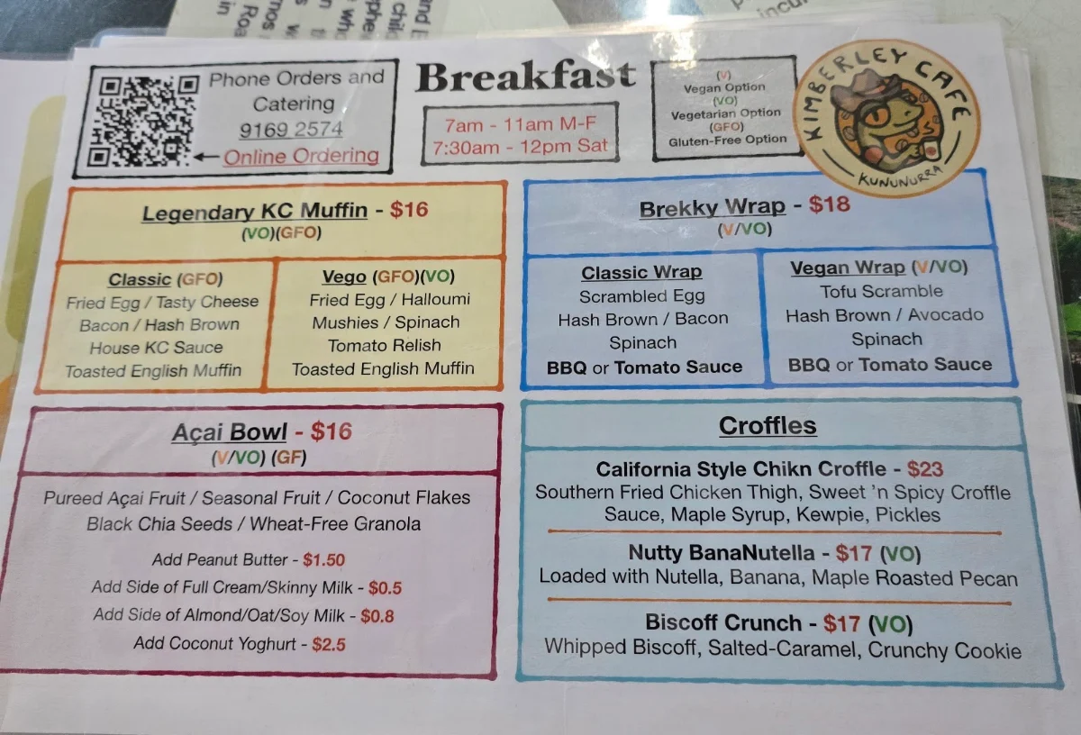 Menu, Kimberley Cafe