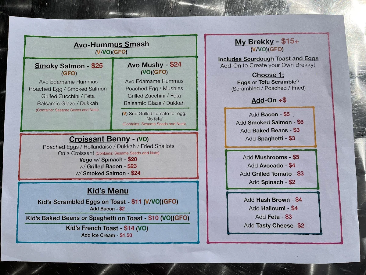 Menu, Kimberley Cafe