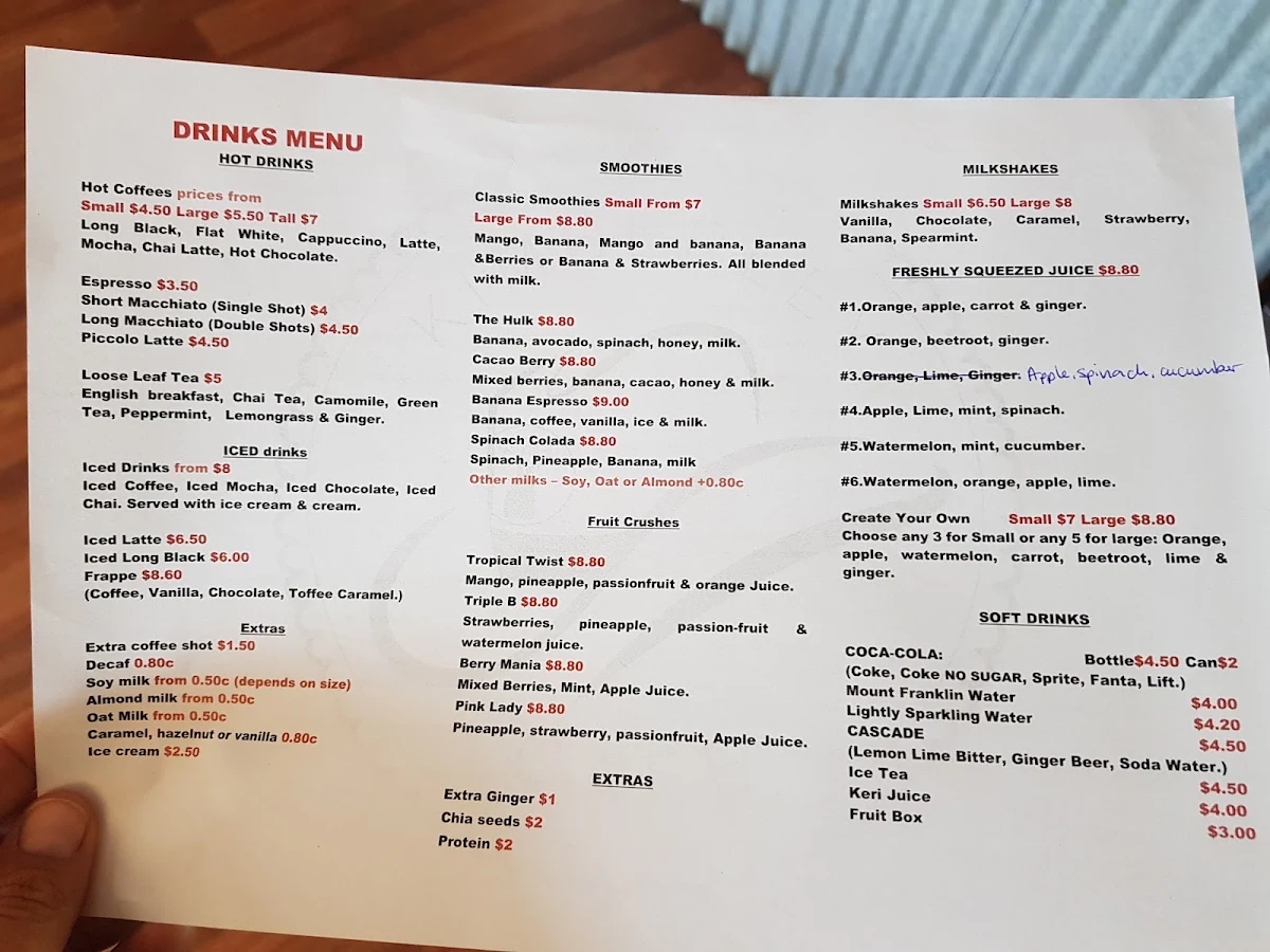 Menu, Kimberley Cafe
