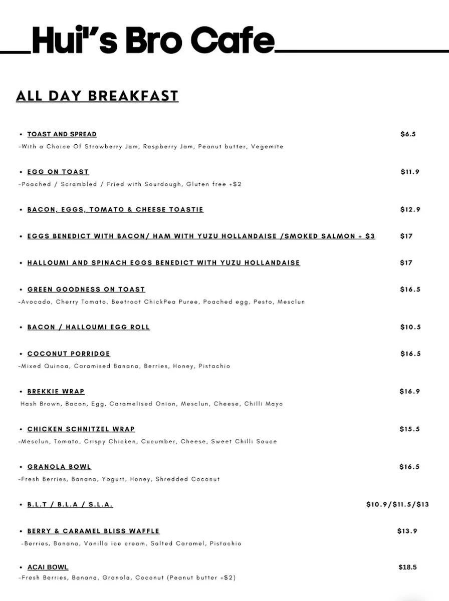 Menu, Hui Bro's Cafe