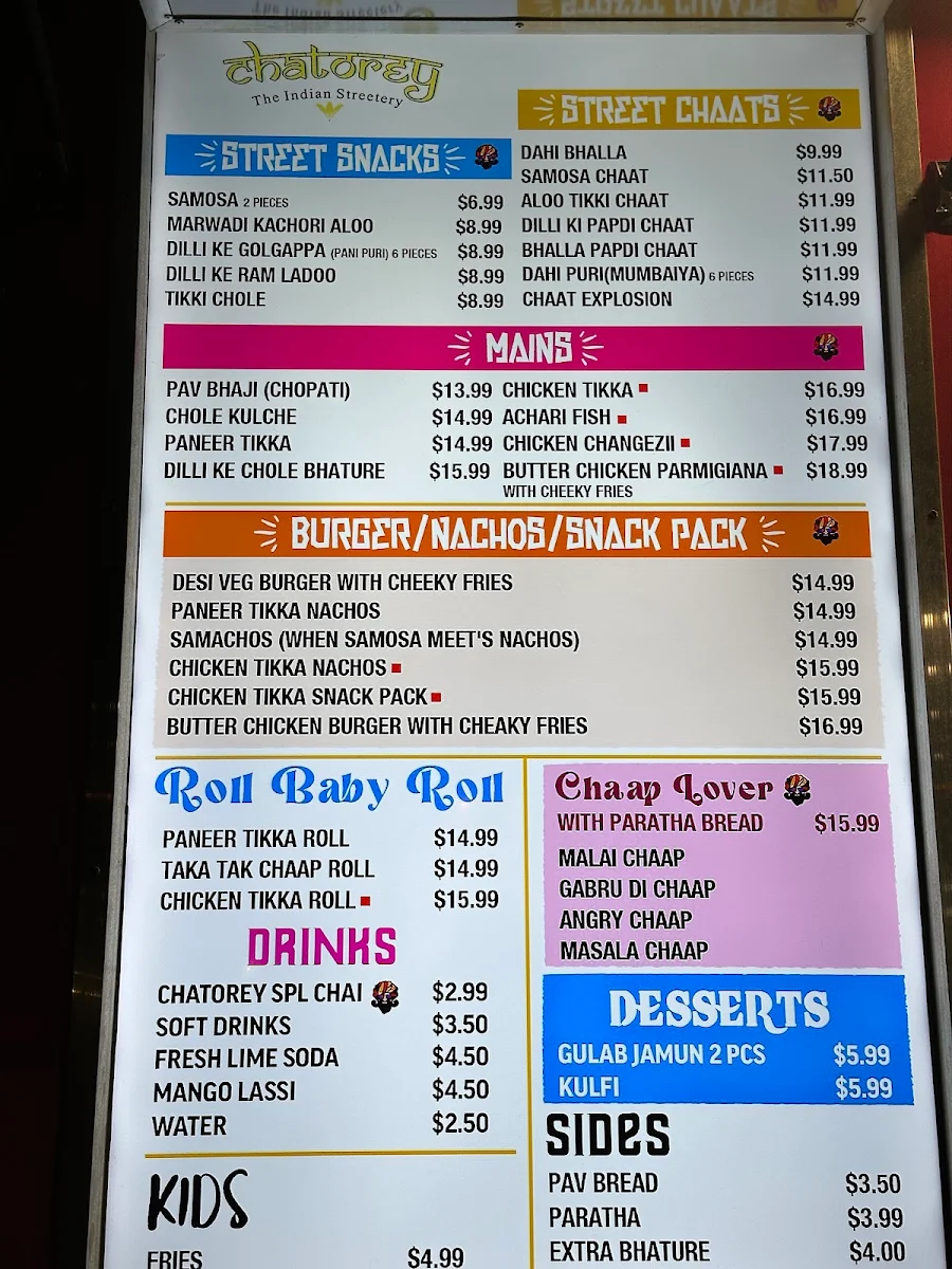 Menu, CHATOREY- THE INDIAN STREETERY