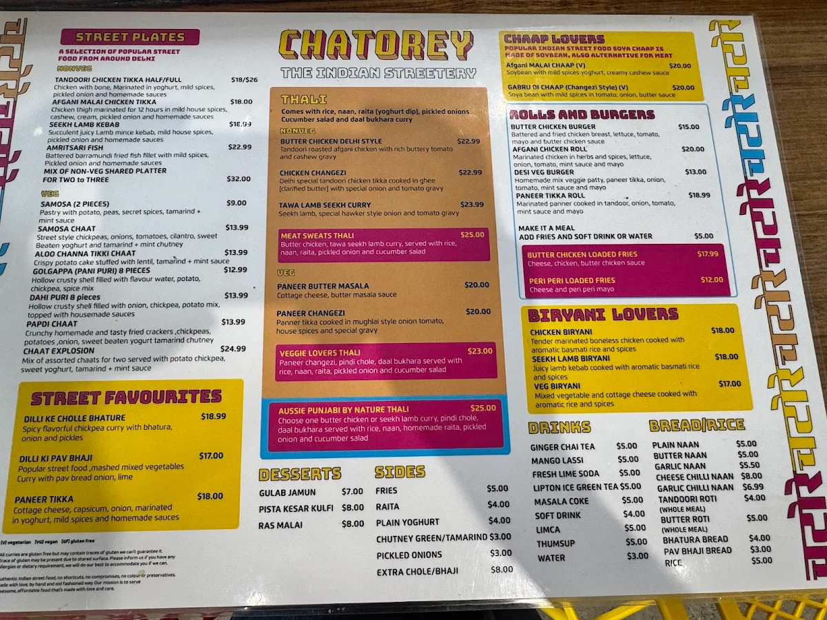 Menu, CHATOREY- THE INDIAN STREETERY