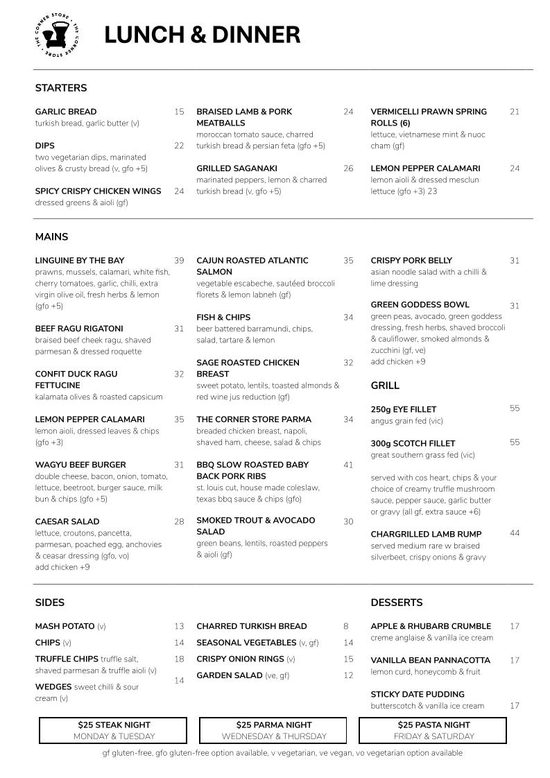 Menu, The Corner Store