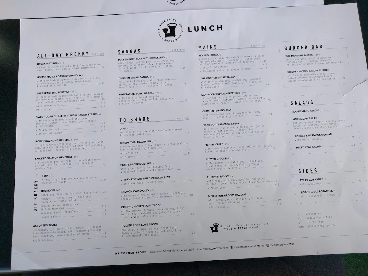 Menu, The Corner Store