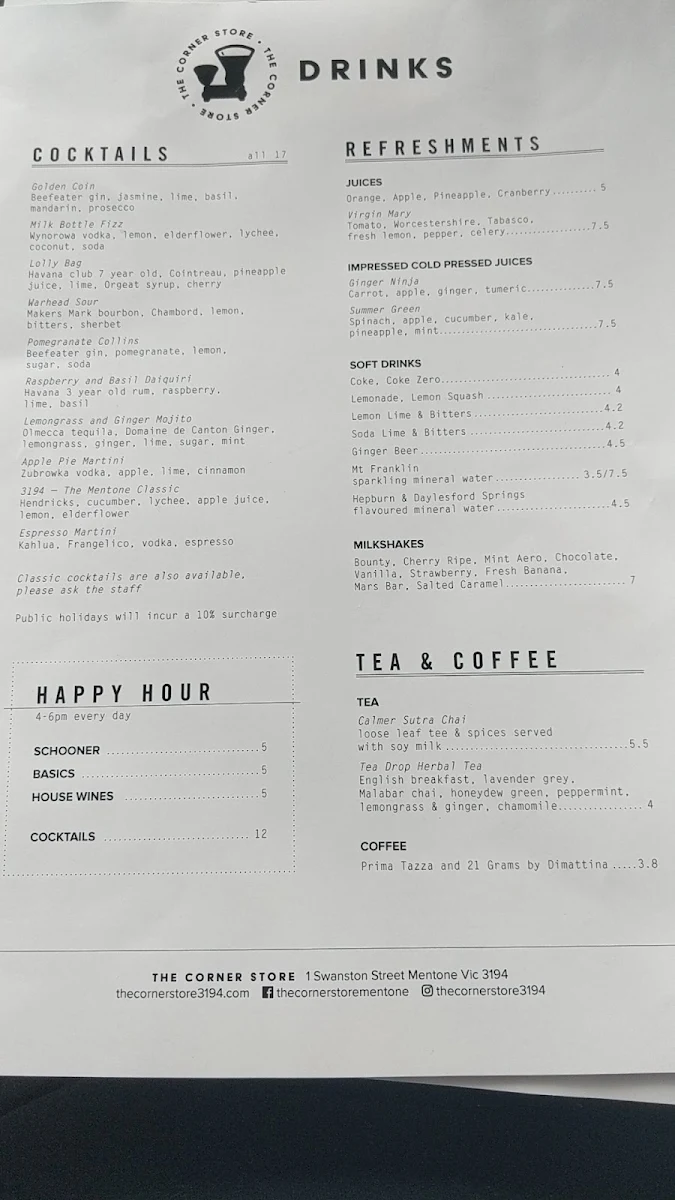Menu, The Corner Store