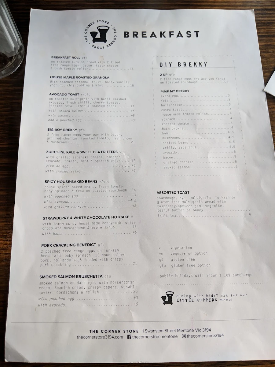 Menu, The Corner Store