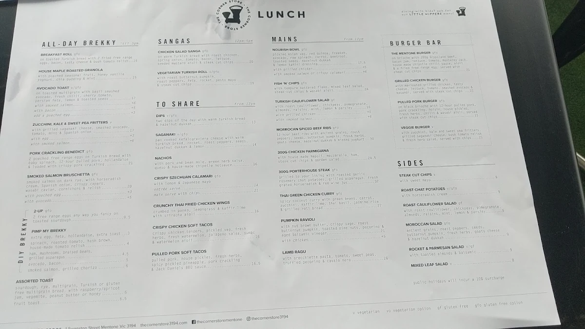 Menu, The Corner Store