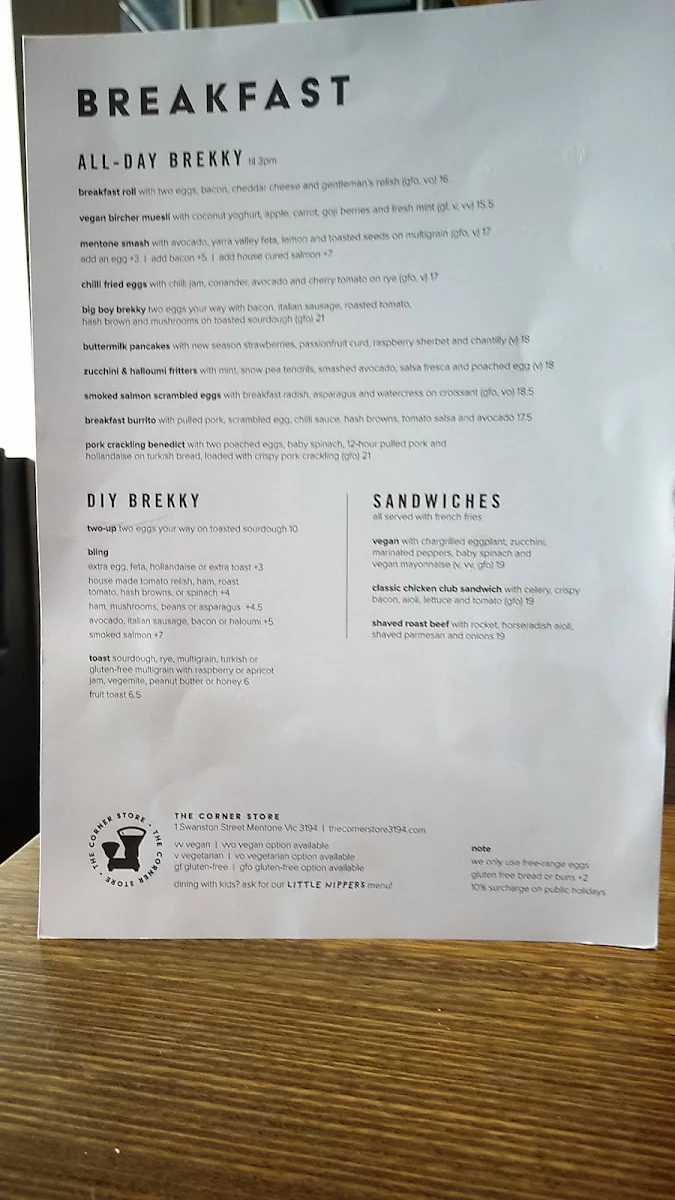 Menu, The Corner Store