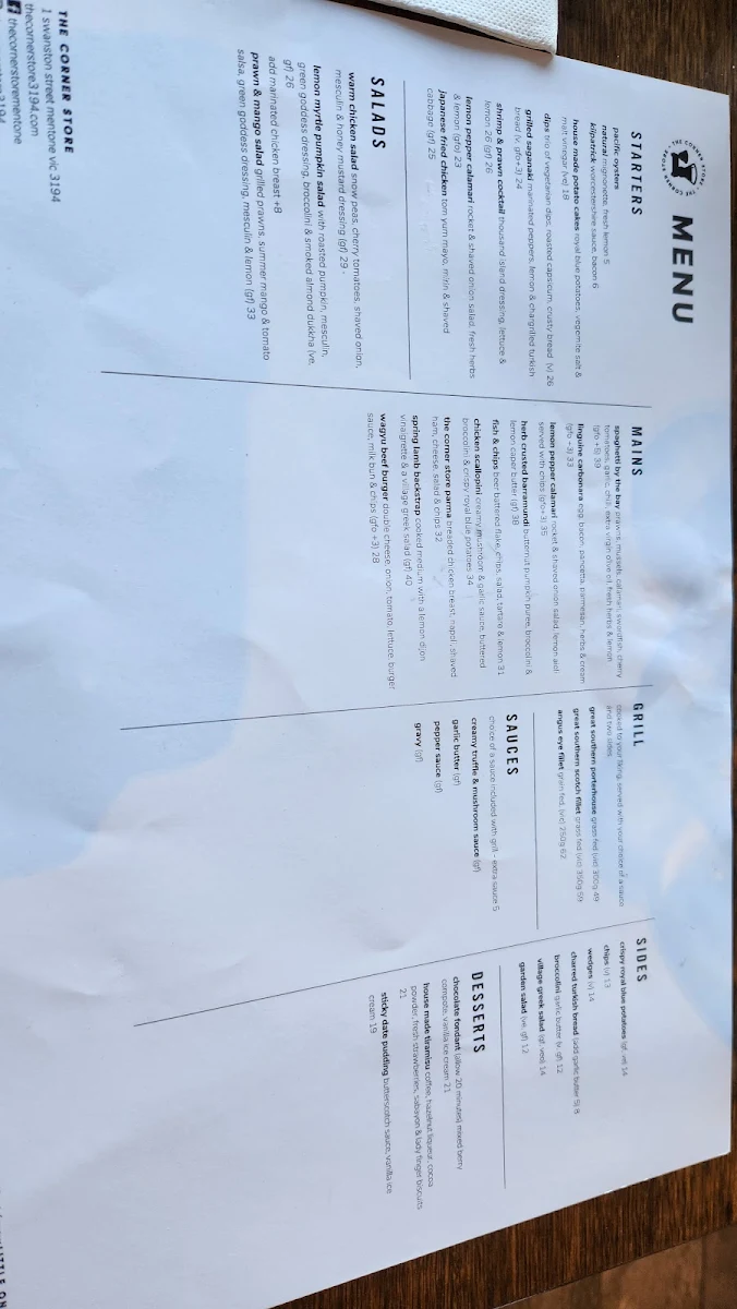 Menu, The Corner Store