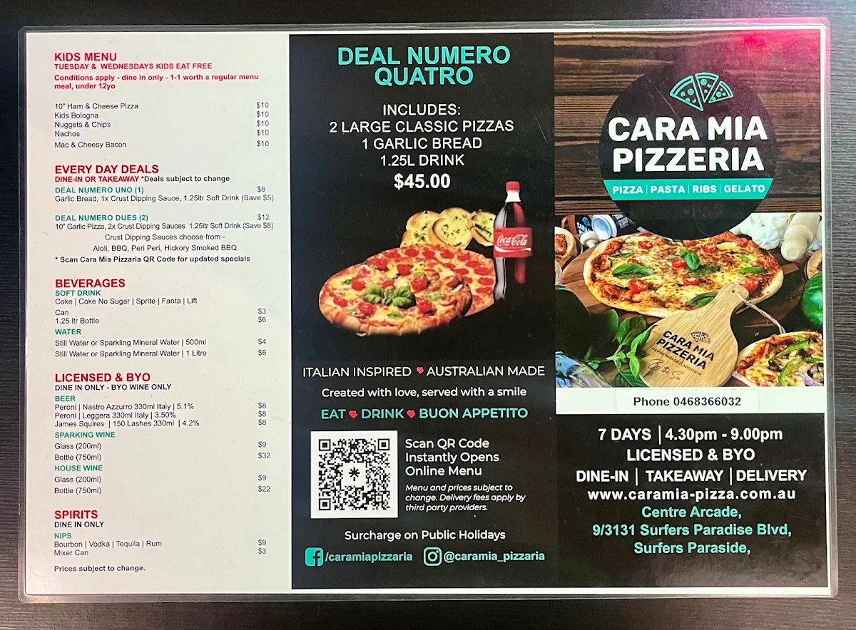 Menu, Cara mia Pizzeria Surfers Paradise