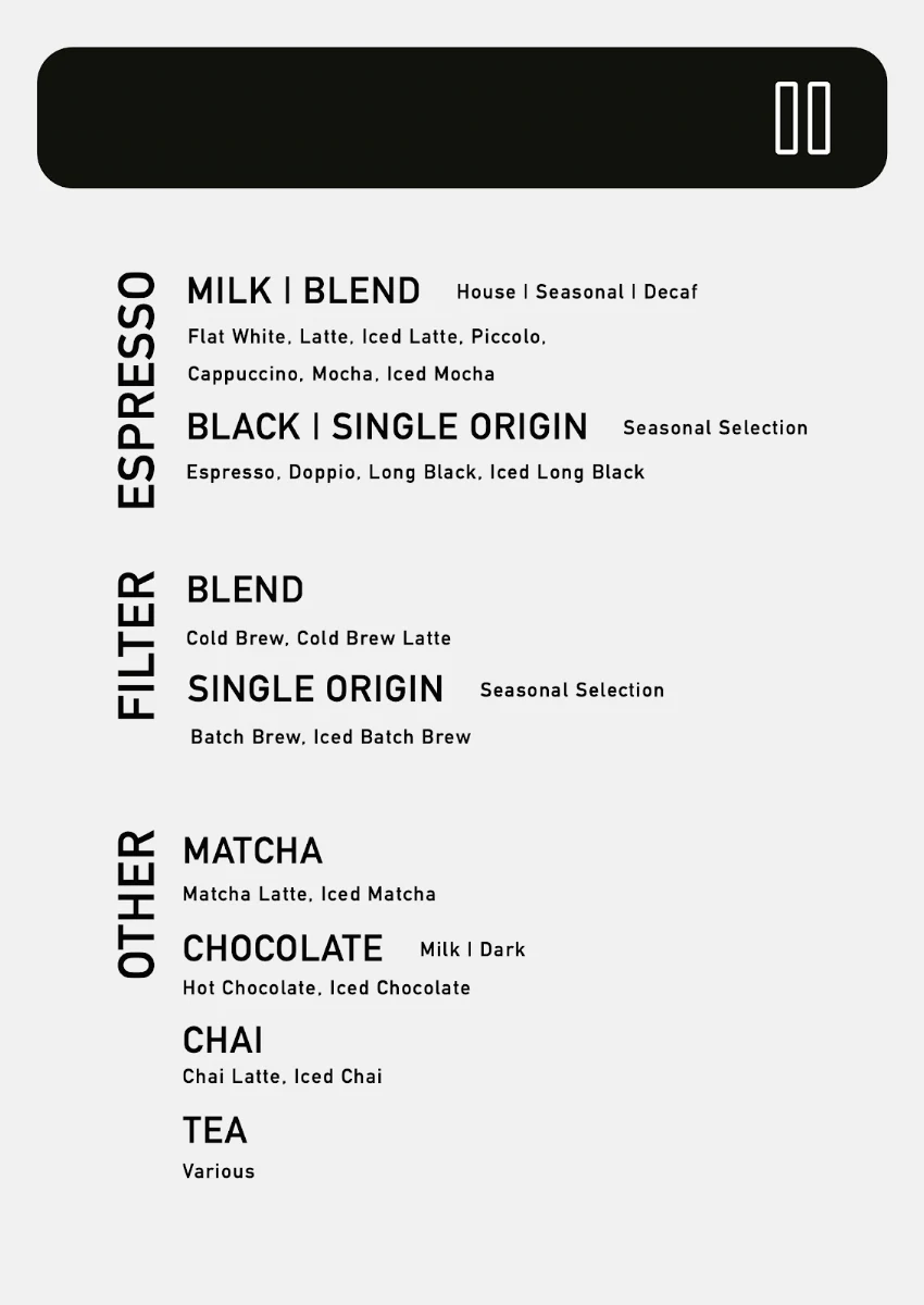 Menu, Foster & Black Specialty Coffee Chermside