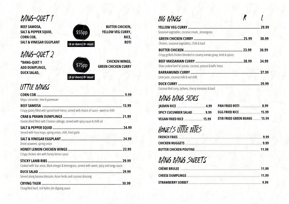 Menu, Honey Bang Bang