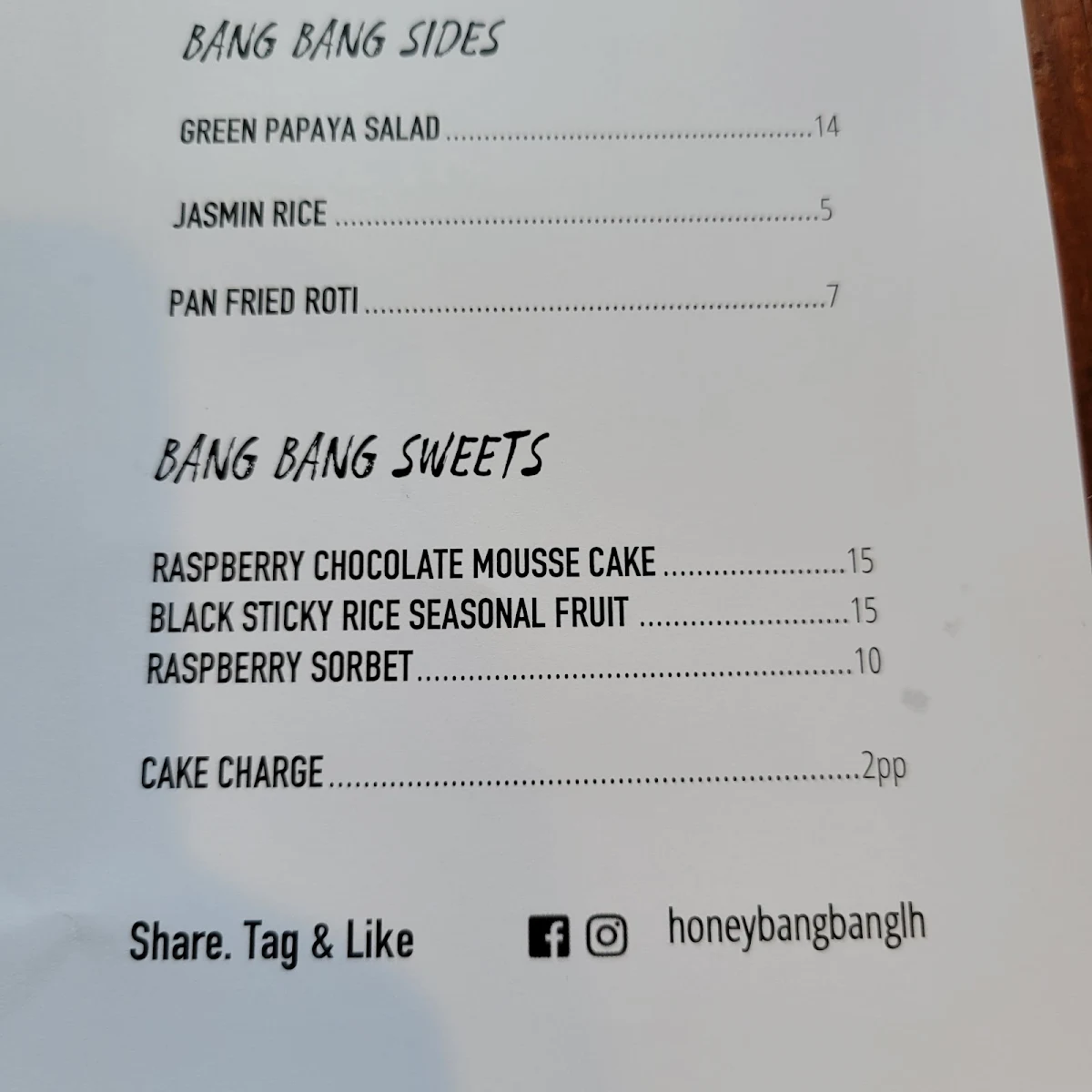 Menu, Honey Bang Bang