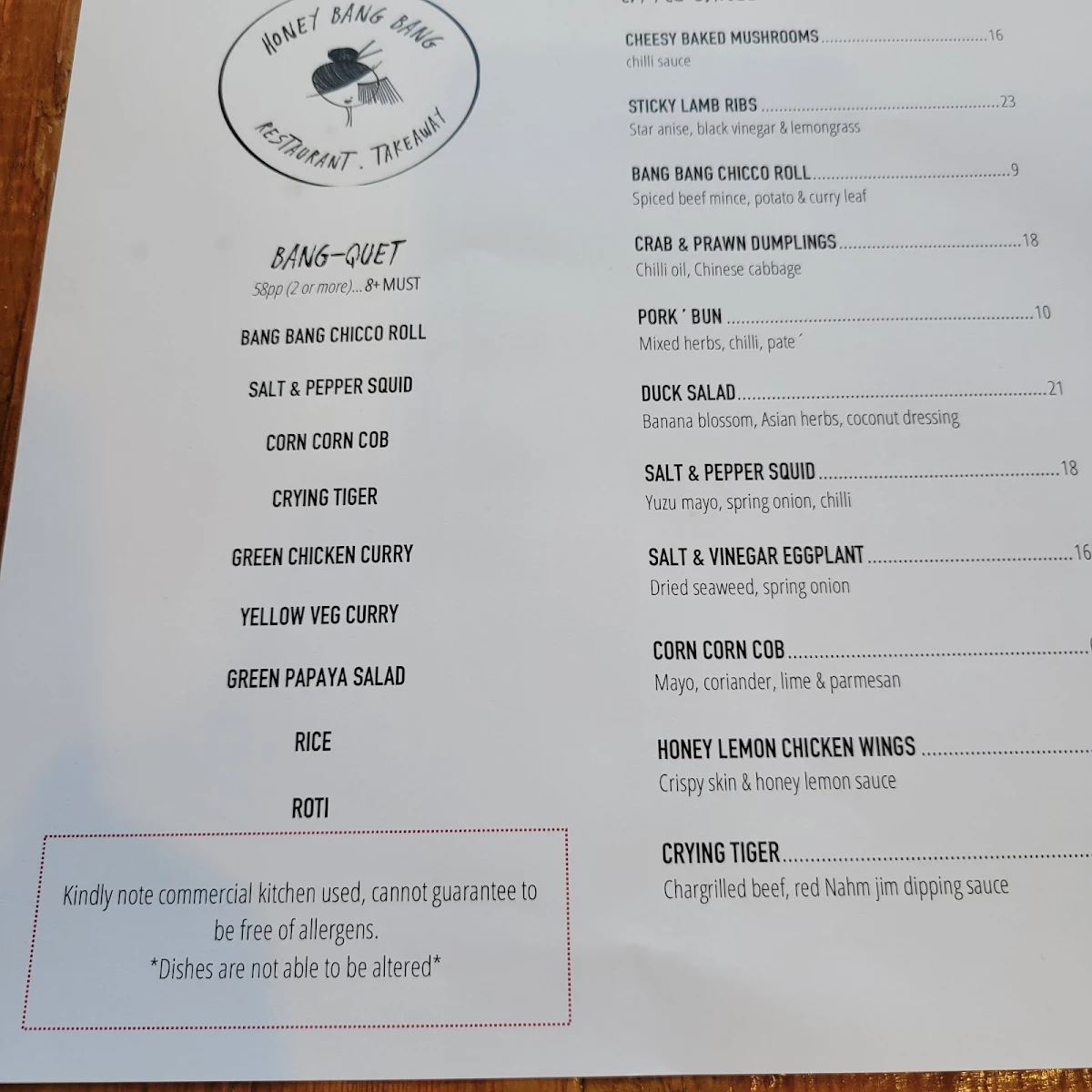 Menu, Honey Bang Bang