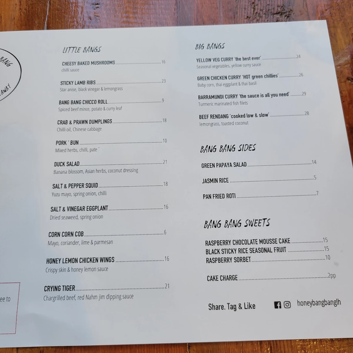 Menu, Honey Bang Bang