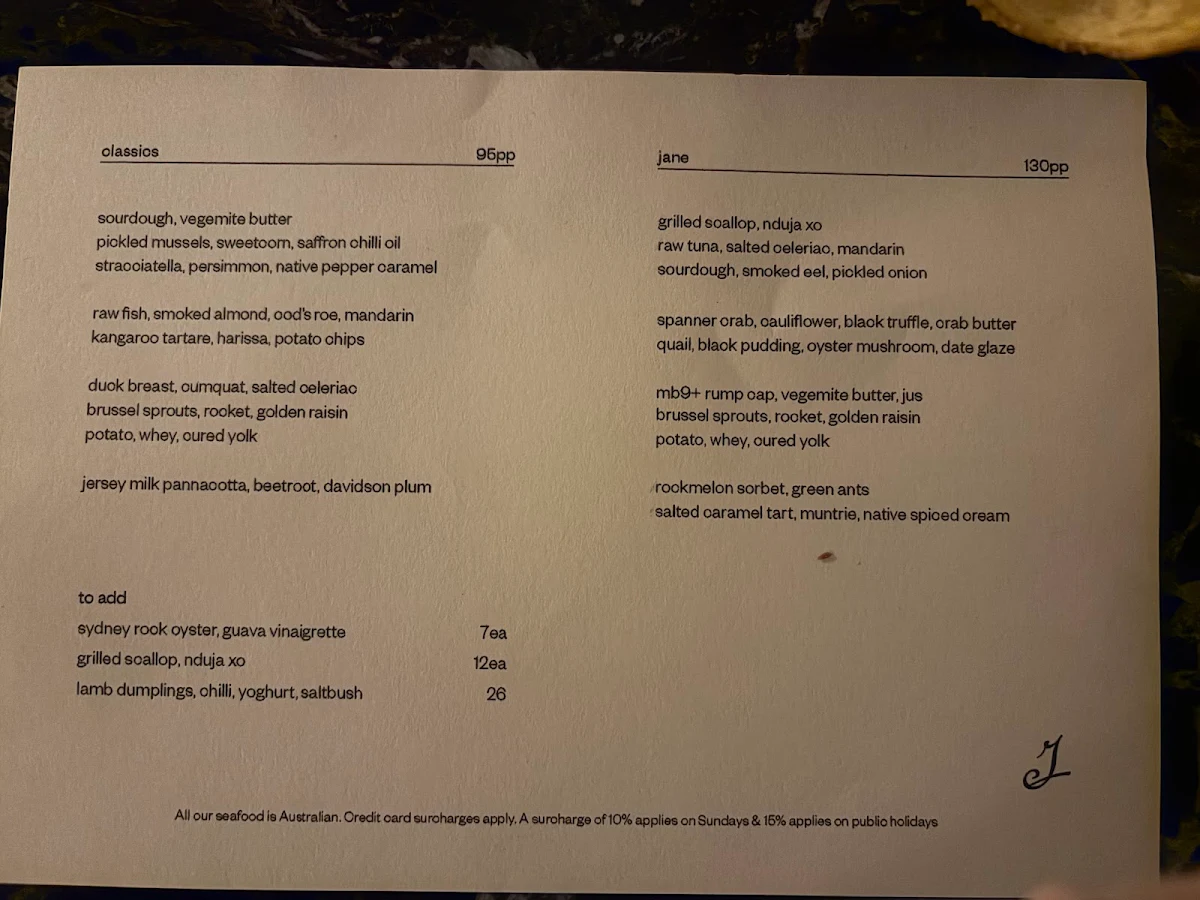 Menu, Jane Surry Hills