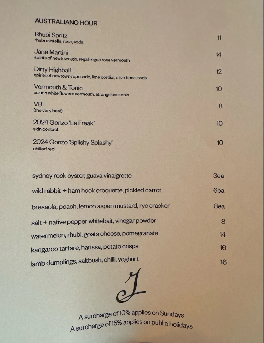 Menu, Jane Surry Hills