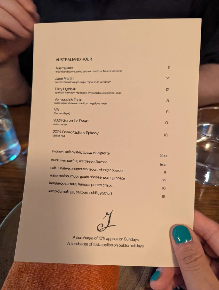 Menu, Jane Surry Hills