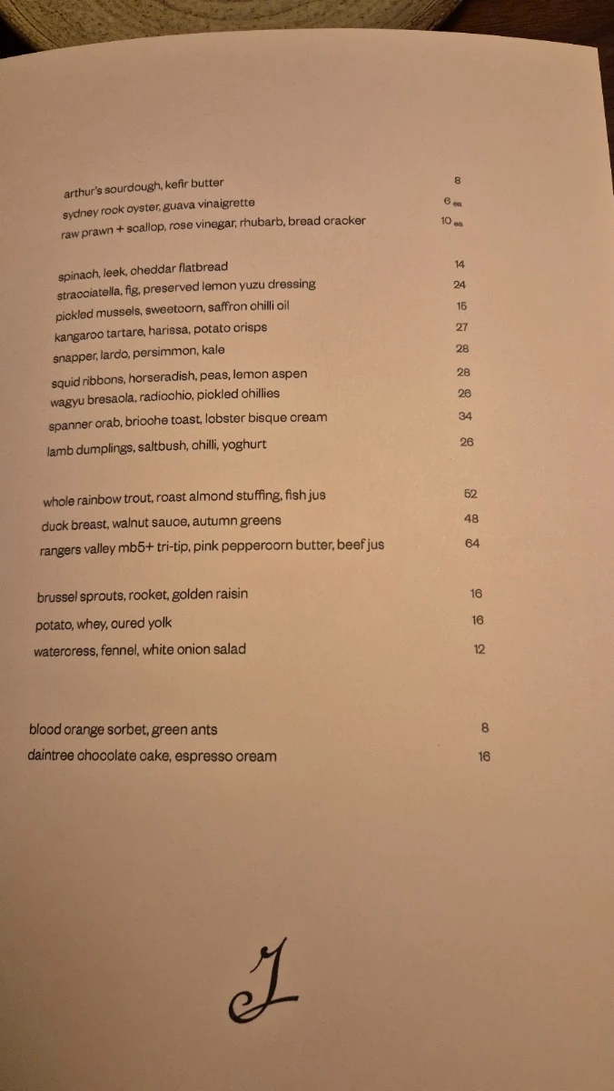 Menu, Jane Surry Hills
