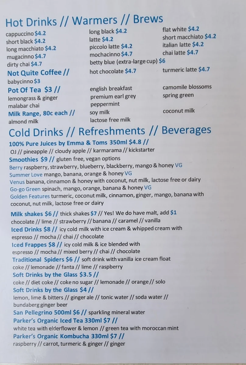 Menu, Sunnys @ Moffat
