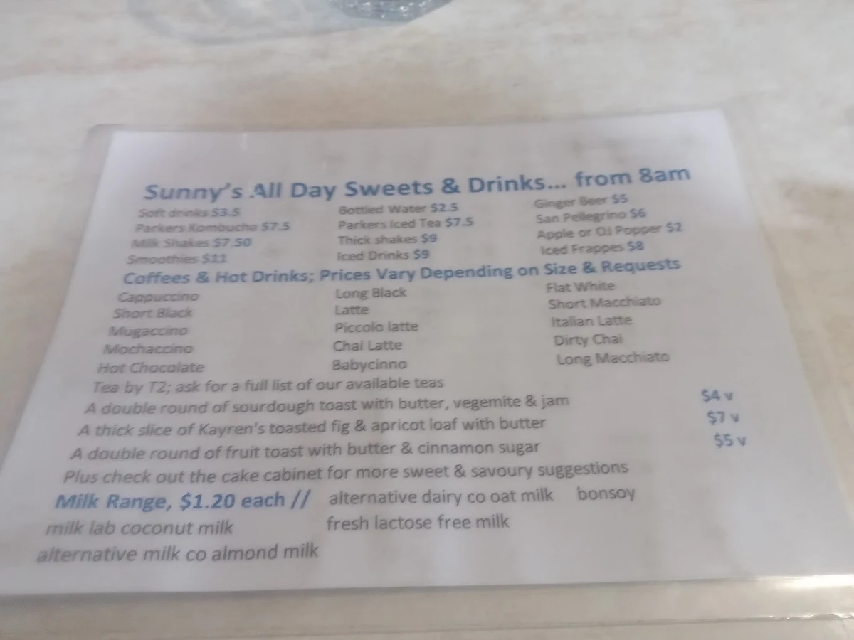 Menu, Sunnys @ Moffat