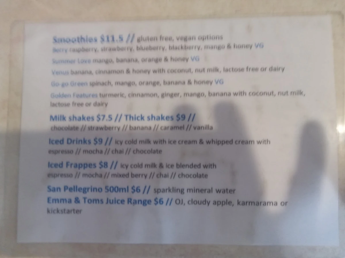 Menu, Sunnys @ Moffat