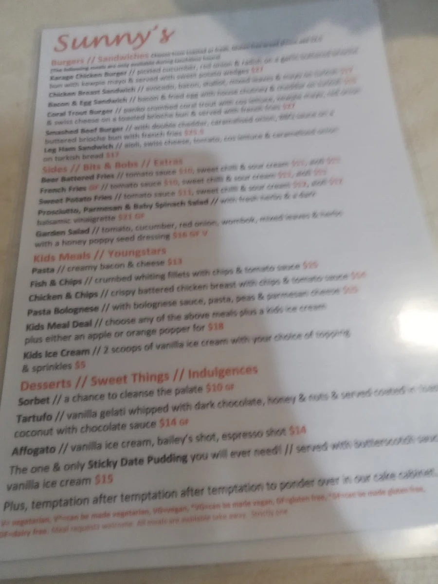 Menu, Sunnys @ Moffat
