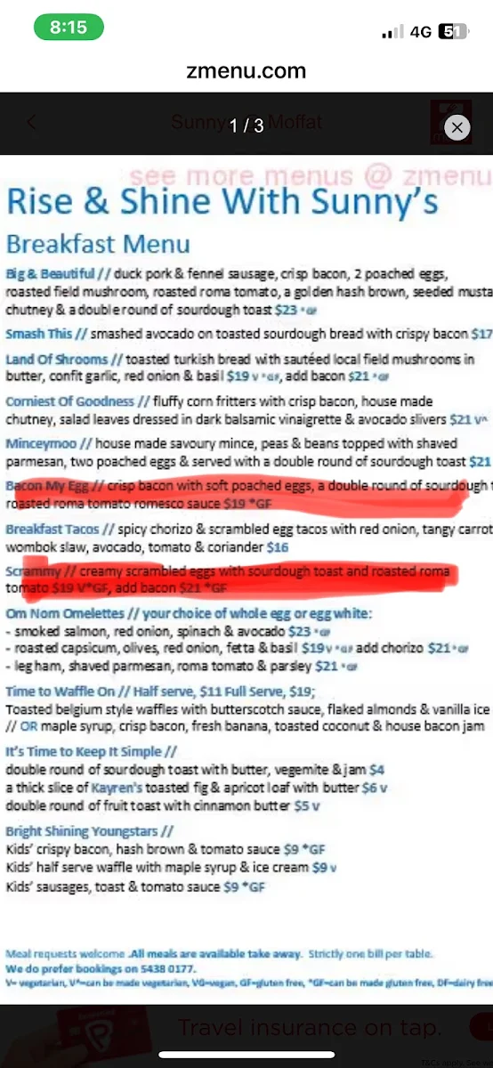Menu, Sunnys @ Moffat