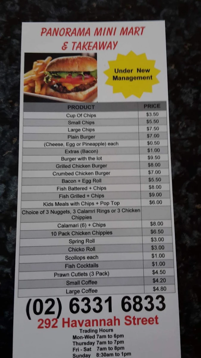 Menu, Panorama Mini Mart & Takeaway South Bathurst
