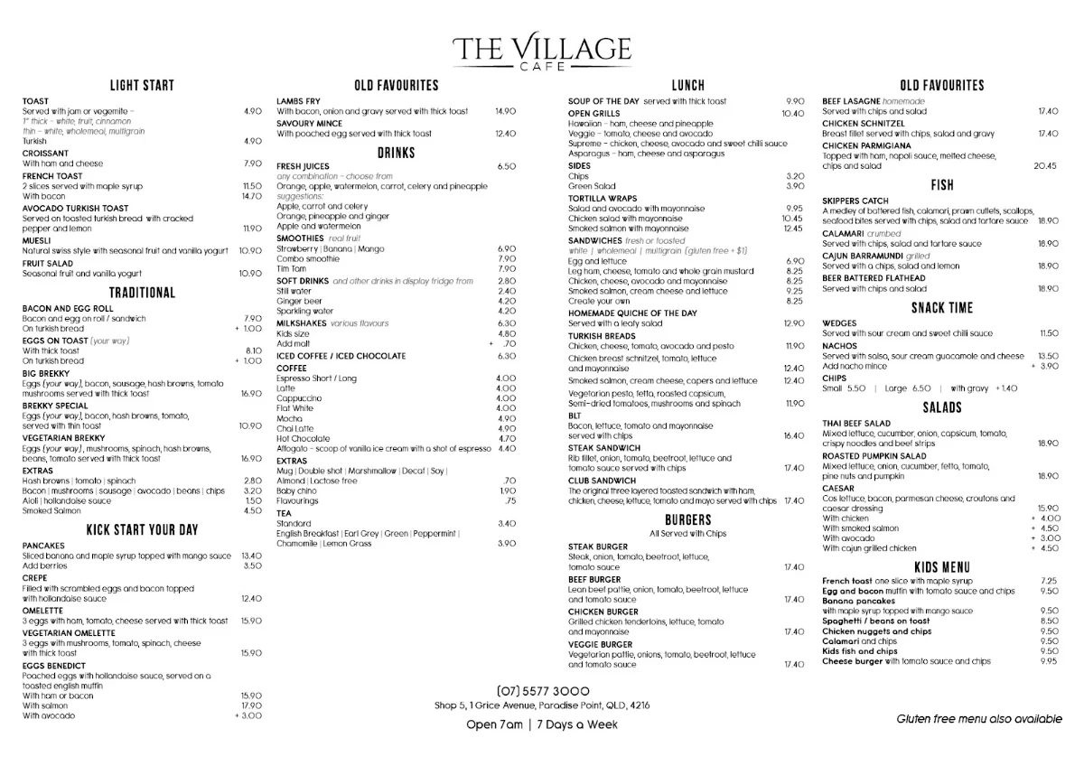 Menu, The Village Cafe