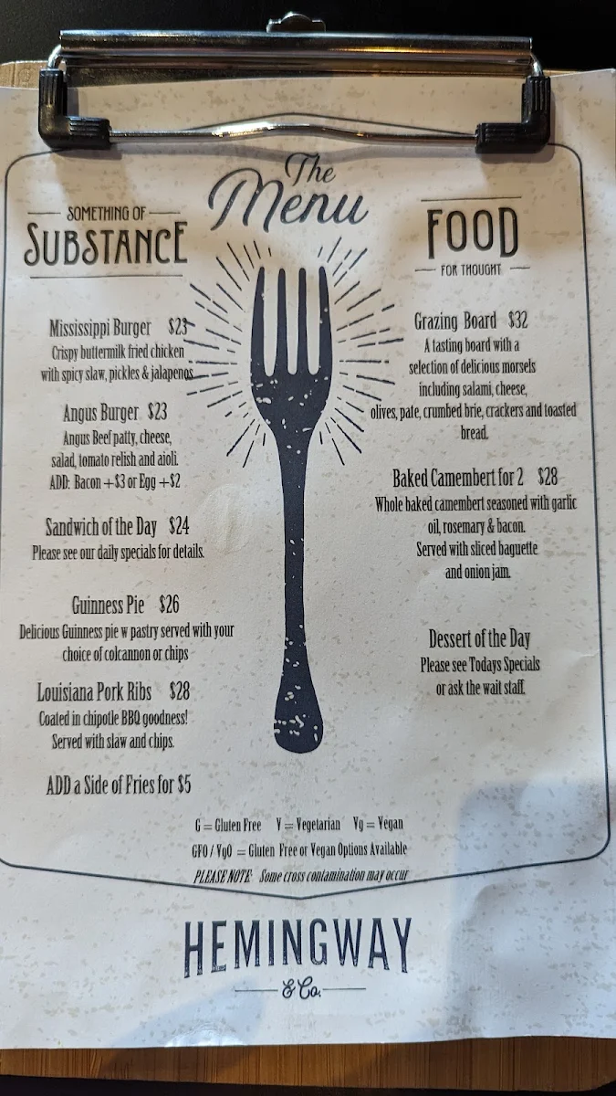 Menu, Hemingway & Co.