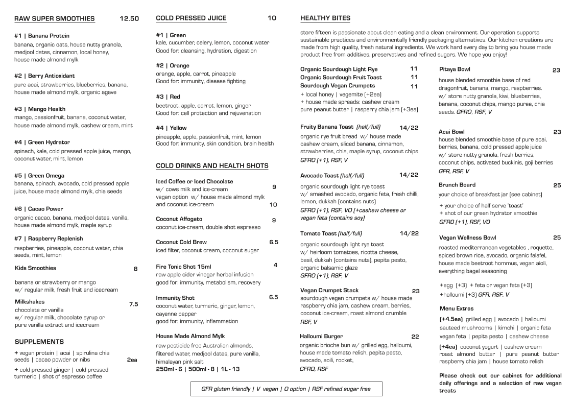 Menu, Store Fifteen