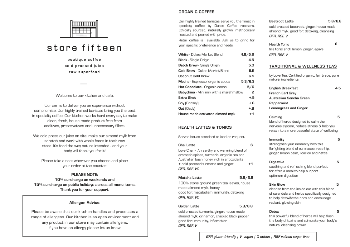 Menu, Store Fifteen