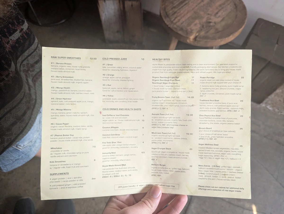 Menu, Store Fifteen