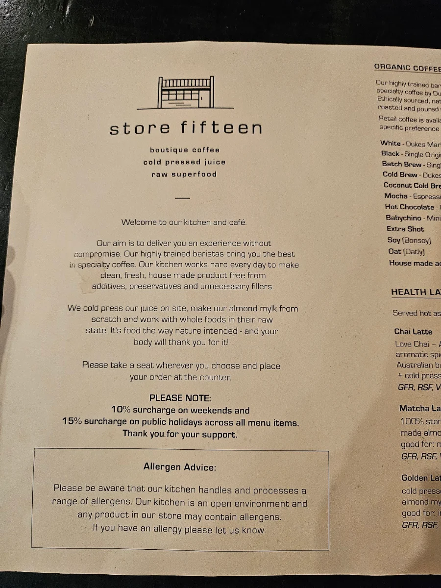 Menu, Store Fifteen