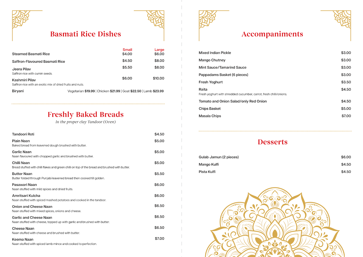 Menu, Navratna Indian restaurant