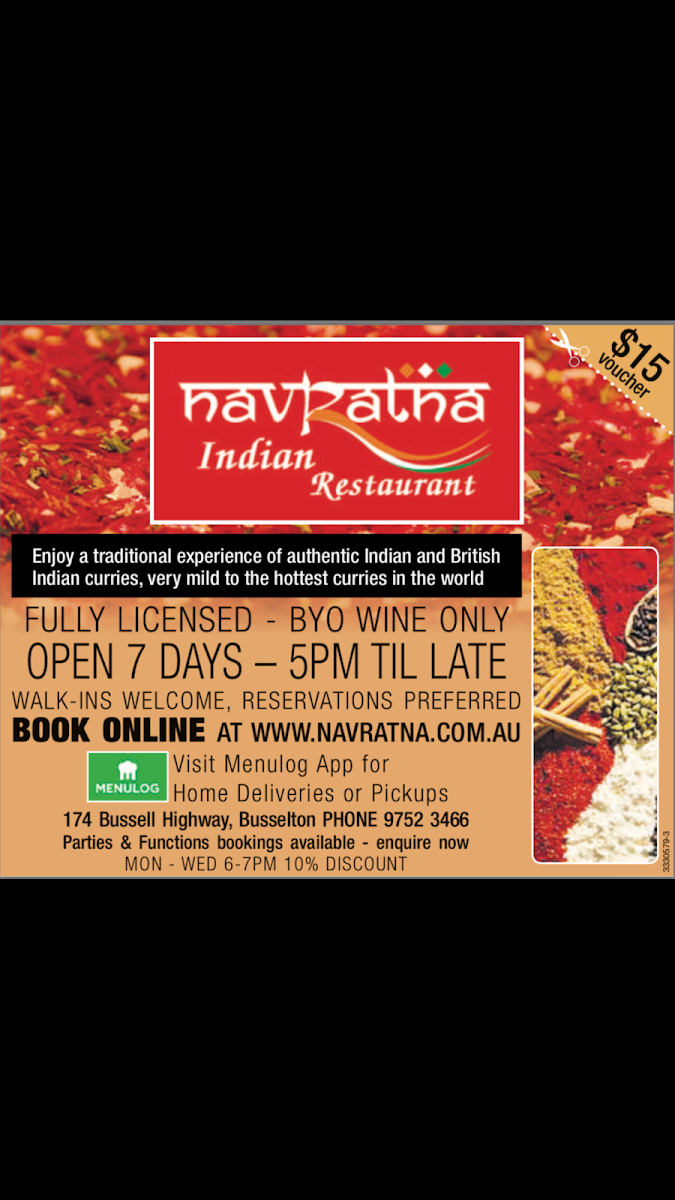 Menu, Navratna Indian restaurant