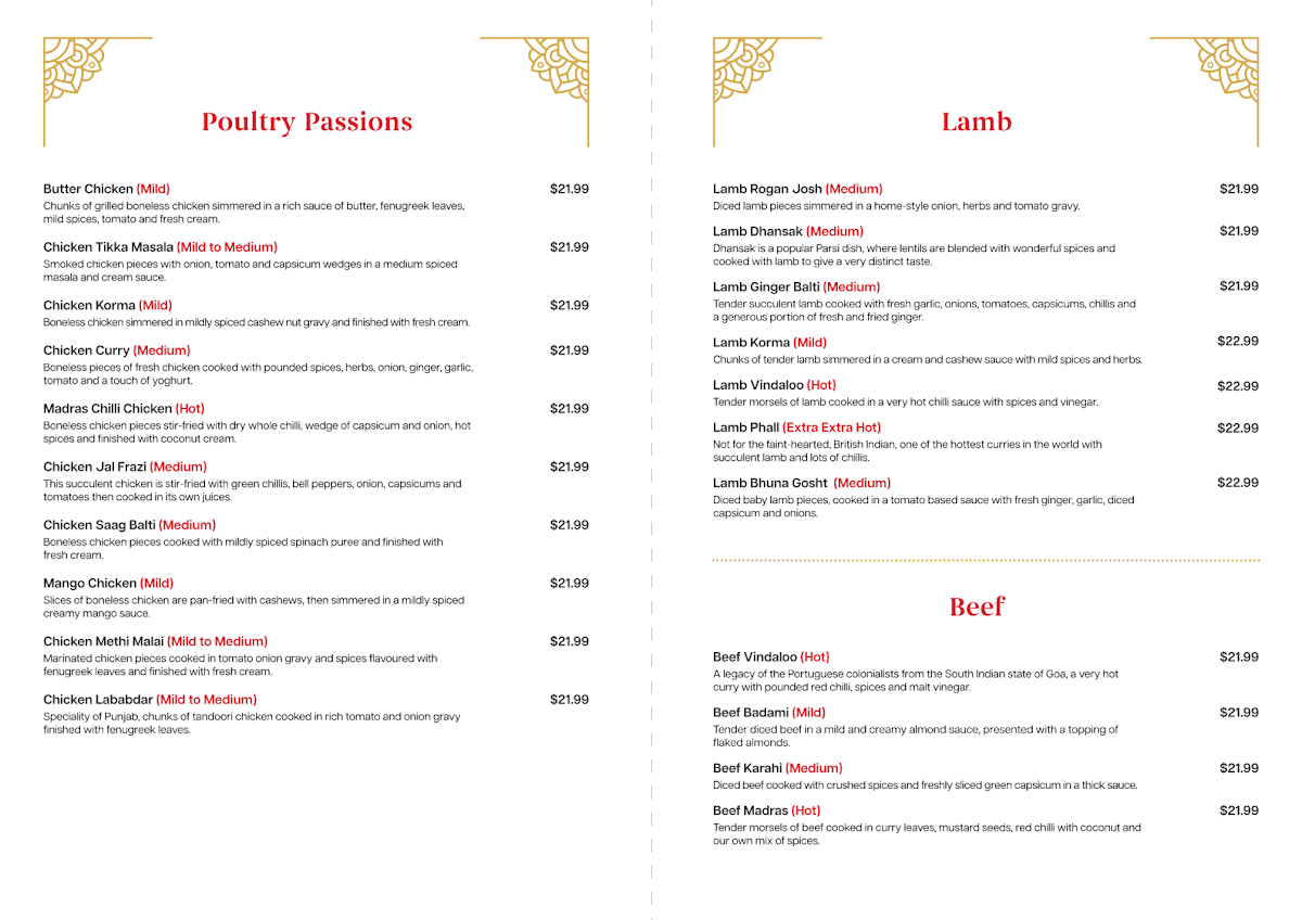 Menu, Navratna Indian restaurant