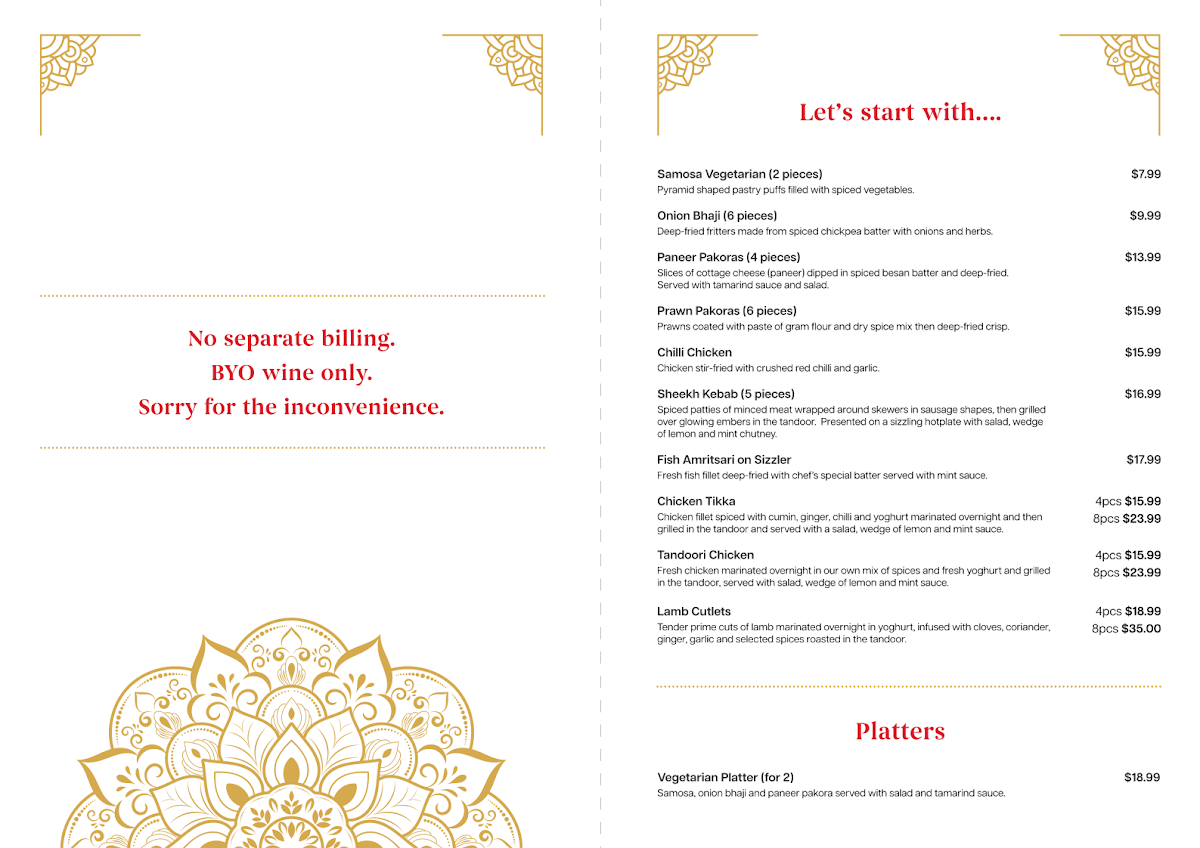 Menu, Navratna Indian restaurant